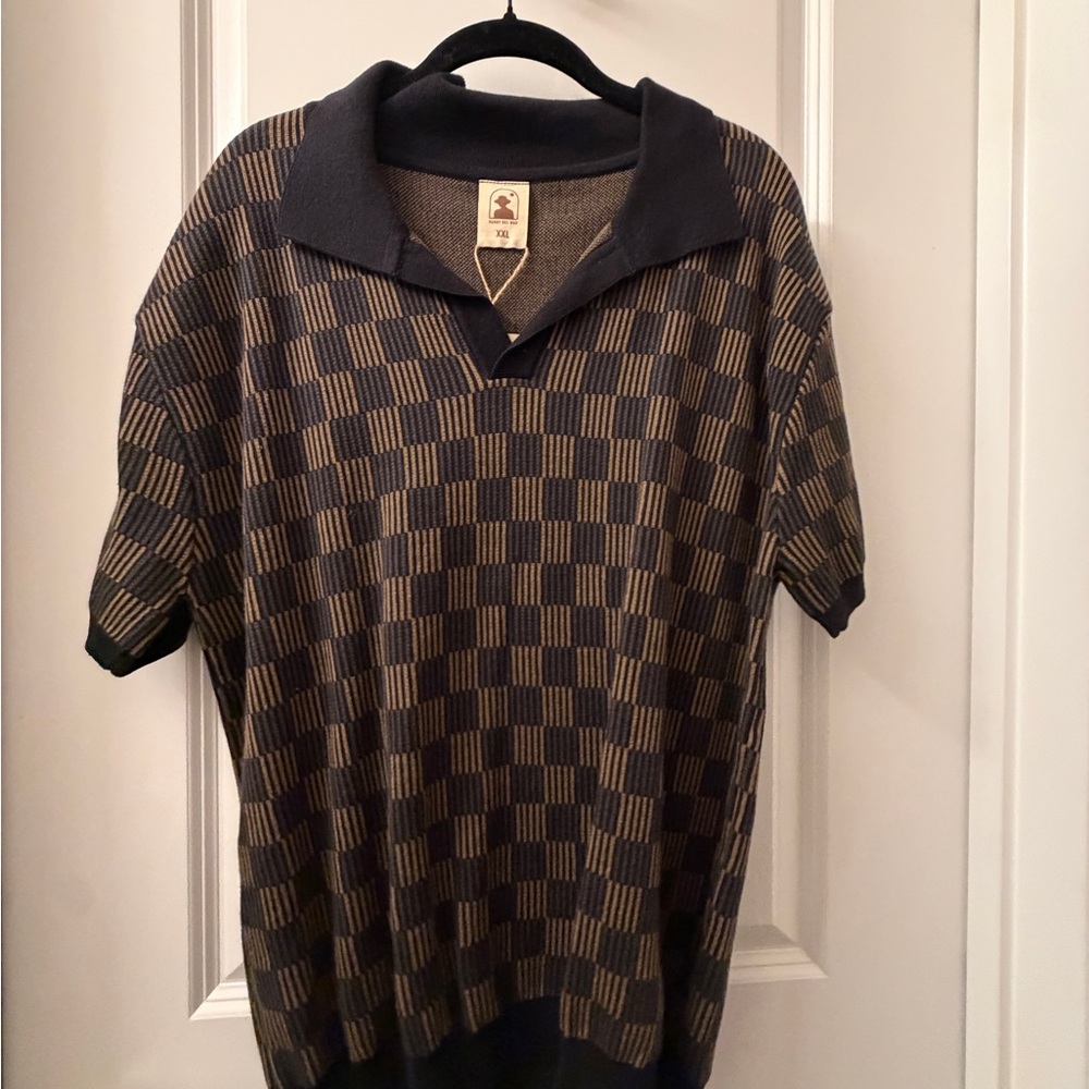 Classic Checker Knit Polo in Navy and Tan